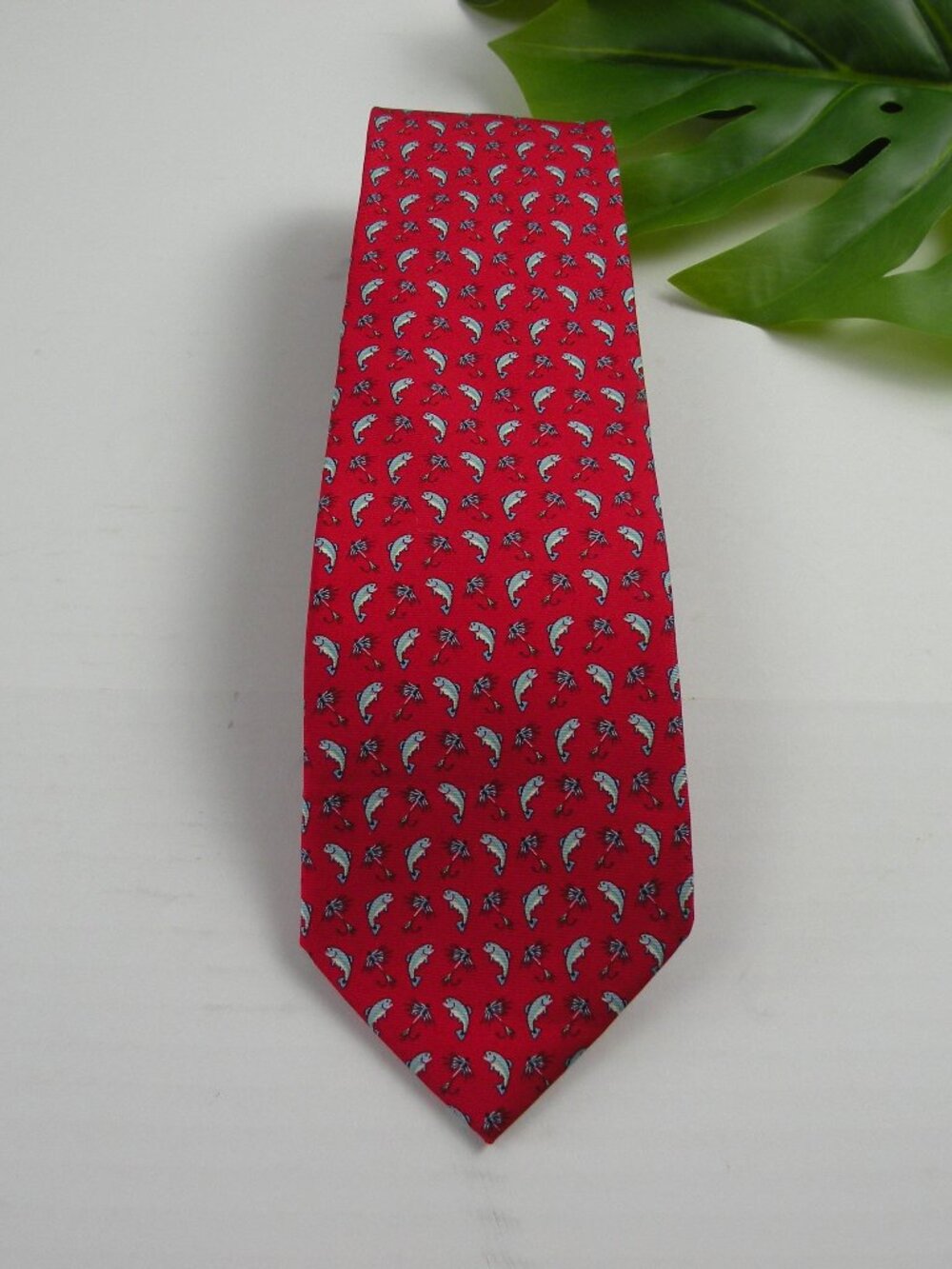 NWOT Red Bird Dog Bay Tie "Gone Fishin" Fish & Lure Print Silk Tie USA